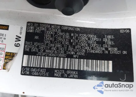 2006 Toyota Highlander V6 из США, поврежденный, VIN JTEDP21A060108882